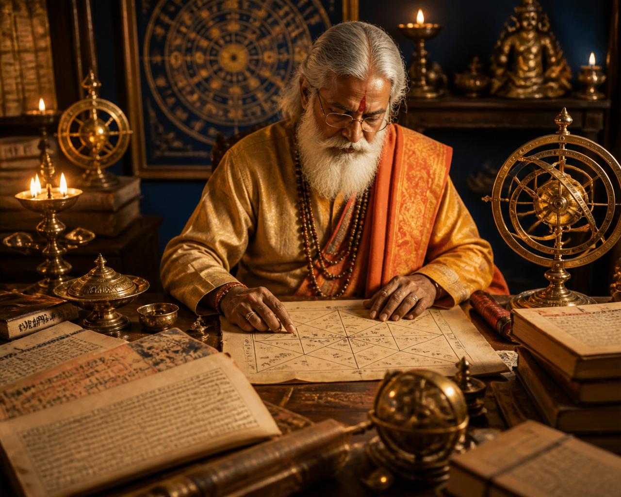 Senior Vedic astrologer studying a hand-drawn kundli birth chart with ancient Sanskrit manuscripts and brass planetary instruments