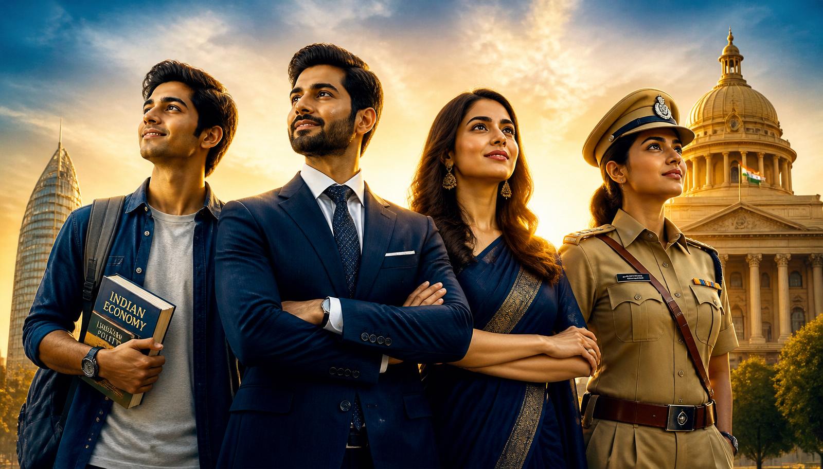 Diverse Indian professionals — student, business executive, entrepreneur and government officer — looking forward with confidence