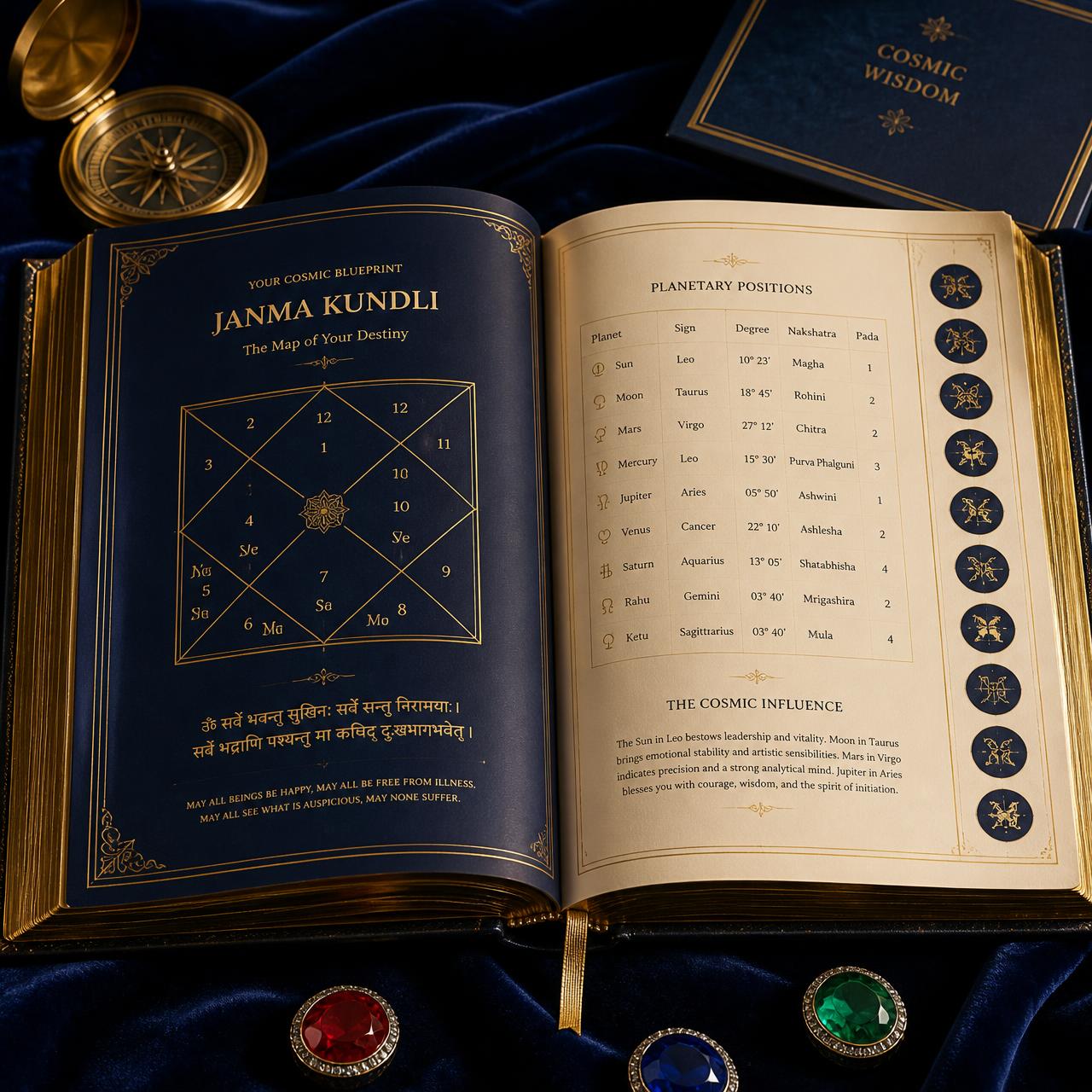 Sample Vedic career astrology report showing kundli birth chart, planetary positions and cosmic influences on navy velvet with gemstones