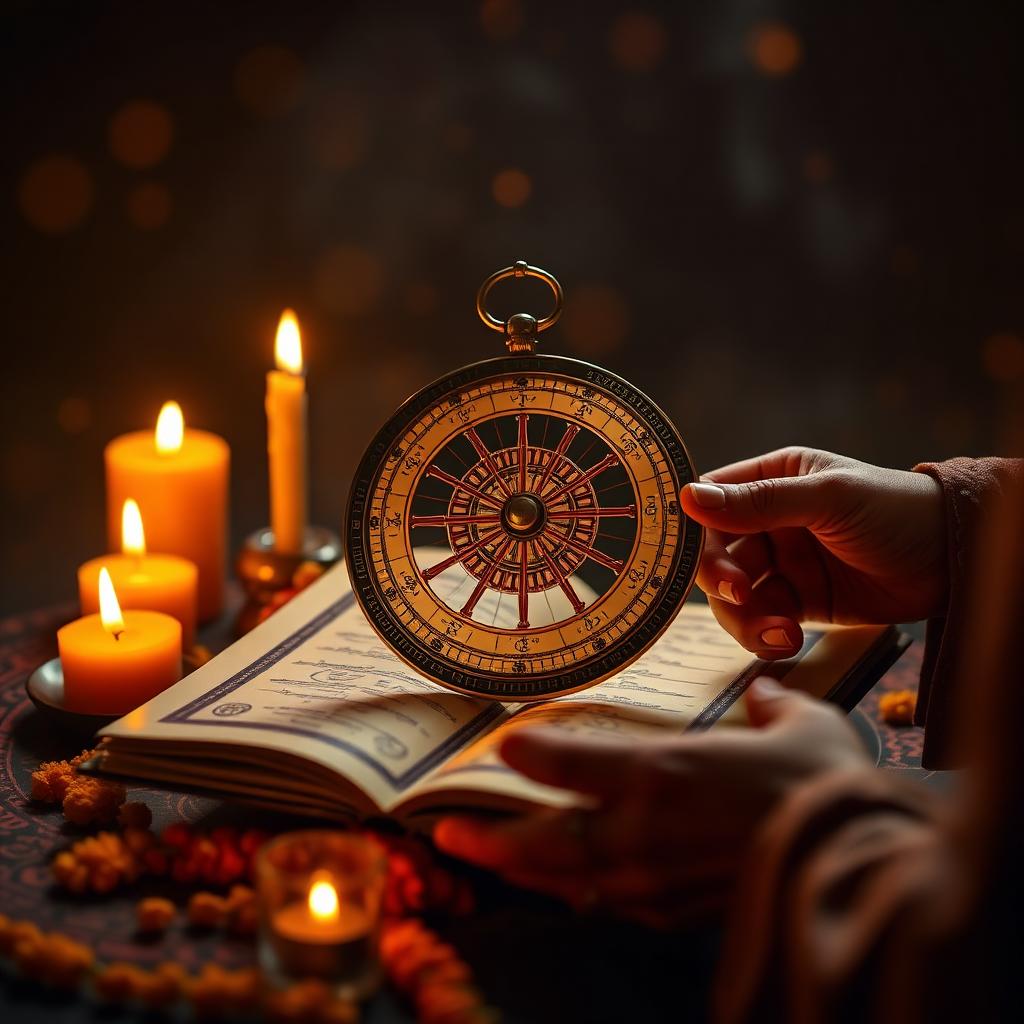 Vedic astrologer studying a horoscope by candlelight